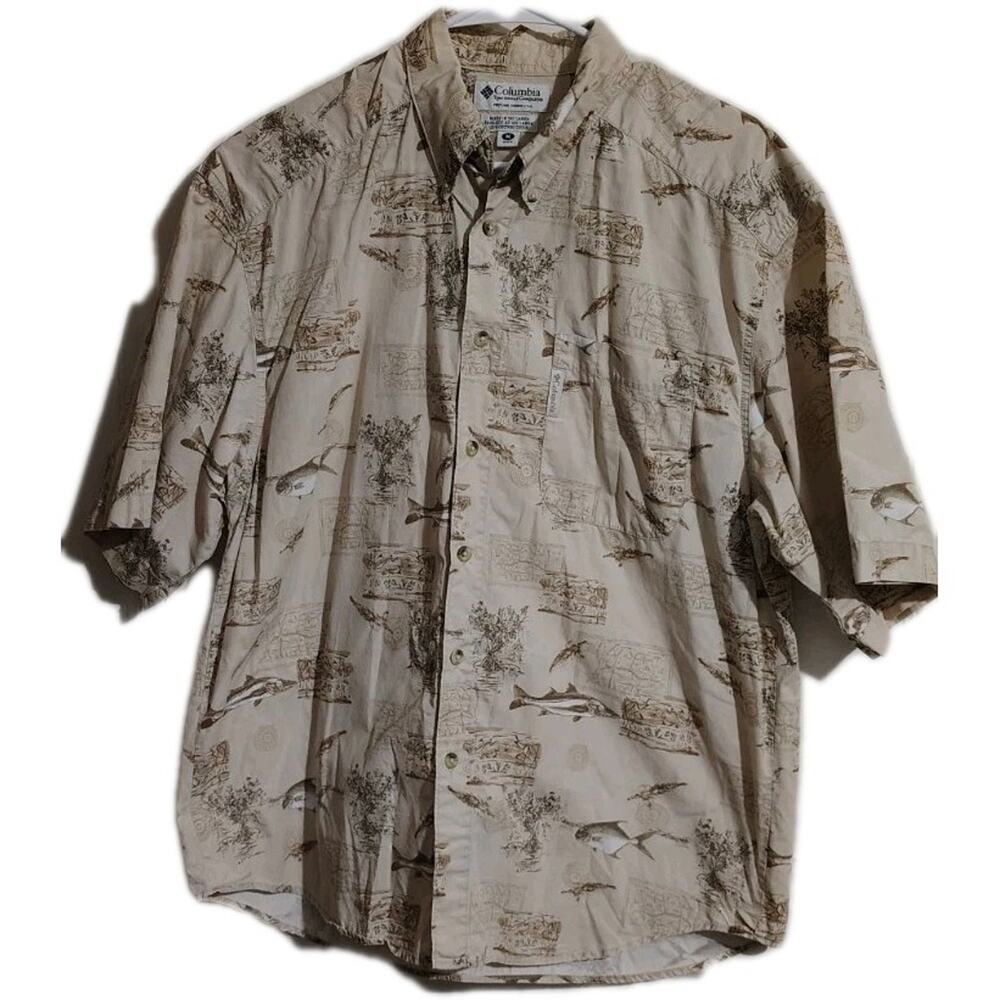 Columbia Shirt Mens Size Medium M Fishing Lures Reels Beige Tan Outdoors Cotton